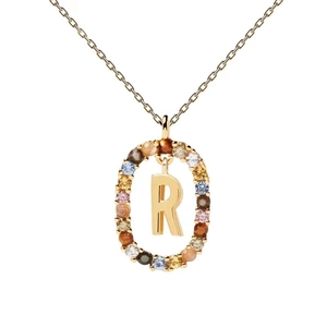 Macro shot of gold letter R pendant with colorful zircon stones on a fine link chain