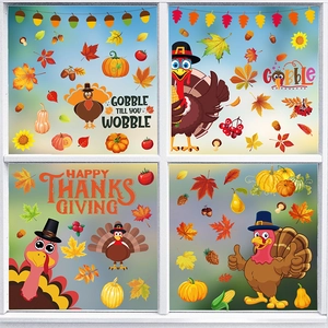 Thanksgiving window stickers with turkey pumpkin and maple leaf decals for glass decoration