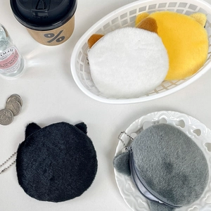 Cute plush cartoon cat coin purse collection with silver keychain and soft fur texture