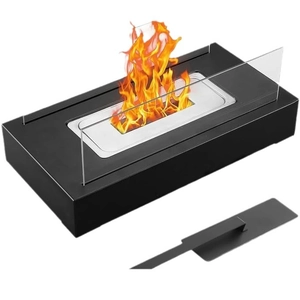 Rectangular black tabletop alcohol fireplace with glass panels and real flame effect