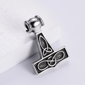 Viking Thor’s hammer Mjolnir pendant with ram head in vintage stainless steel finish
