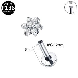 Titanium flower labret stud with ASTM F136 internal thread for piercing ear and lip