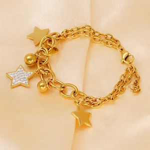 Star Charm Bracelet 18K Gold Plated Stainless Steel Rhinestone Fashion Jewelry For Women