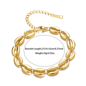Detail of 18K gold shell bracelet with lobster clasp and adjustable stainless steel chain