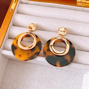 Geometric Round Drop Earrings Resin Tortoise Shell Pattern With 925 Sterling Silver Earring Post Vintage Style Women