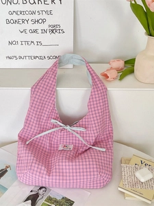 Pink plaid tote bag with blue bow accent and SO HAPPY tag for women's casual fashion