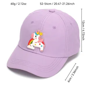 Purple unicorn baseball cap for girls with rainbow patch and adjustable sun visor