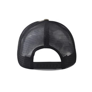 Detail of classic black trucker hat with mesh back and adjustable snapback closure