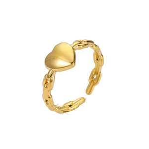 Detail of adjustable gold chain ring featuring an elegant hollow heart charm