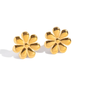 Polished 18K gold plated stainless steel flower stud earrings on white background