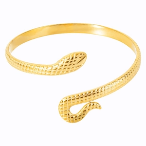 Golden snake-shaped stainless steel wrap bracelet with textured scale detailing and open cuff
