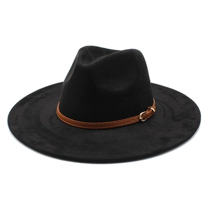 Classic black wide brim fedora hat with brown leather buckle strap decoration