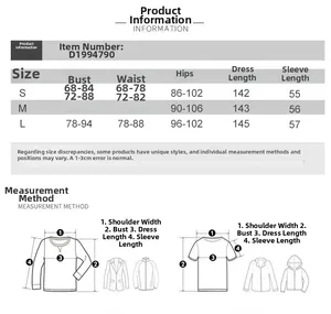 Size chart for slim fit long sleeve maxi dress including bust waist and hip measurements