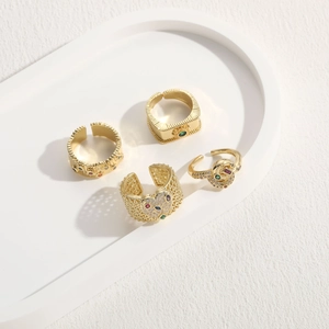 Set of four 14K gold plated adjustable rings with colorful zircon gemstones