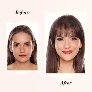 French air bangs wig with sideburns in dark brown showing before and after effect