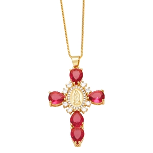 Golden cross necklace with red teardrop stones and zircon virgin mary pendant charm