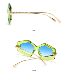 Side and back view of green hexagonal sunglasses with blue gradient lenses and gold temples