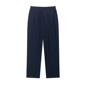 Women's classic navy blue straight leg trousers with button closure and pleated waist