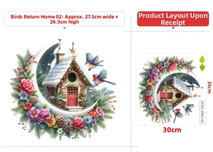 Detail showing Christmas birdhouse and moon wall decal with layout dimensions 30x30cm