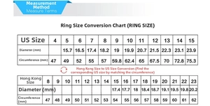 Detailed size chart for stainless steel heart rings showing US and HK sizing measurements