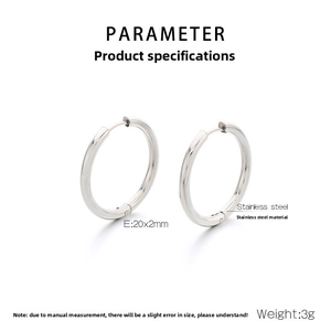 Detailed specs of 20x2mm polished stainless steel hoop earrings weighing 3g per pair