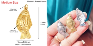 Guide des dimensions pour pendentifs poissons en laiton, hauteur 33 mm et largeur 16 mm