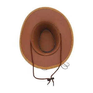 Top view detail of brown wide brim cowboy hat with woven edge and adjustable chin strap