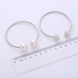Fashionable steel wire open bangle set with white pearls and sparkling pavé crystal balls