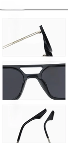 Detail of metal hinges, ergonomic nose pads and curved temples on black sunglasses