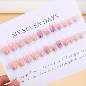 Short square pink gradient press-on nails with rose gold glitter, set of 24 pieces