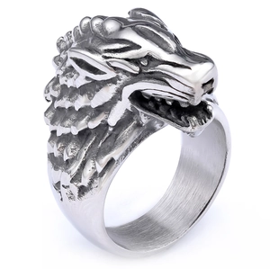 Vintage stainless steel wolf head ring for men with detailed Nordic mythology design