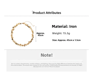 Detail showing golden heart sequin necklace specs: Iron material, 15.5g weight, 45cm length
