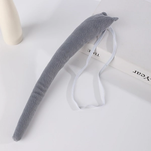 Detailed view of a soft grey faux fur animal tail accessory with an elastic waist band