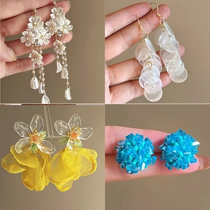 Detailed views of four floral earring styles including chiffon petals and beaded designs