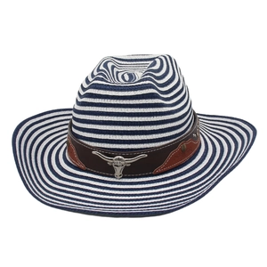 Detail of blue and white striped straw cowboy hat with metallic bull head emblem