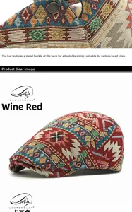Detail of retro ethnic jacquard pattern and adjustable metal buckle on red beret cap