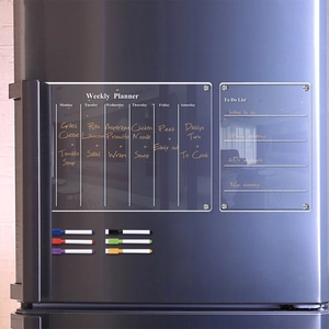 Magnetic acrylic weekly planner and to-do list set with six colorful markers on fridge