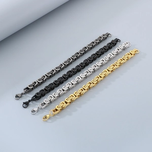 Byzantine chain bracelets in gold, silver, black, and gunmetal finishes on grey background