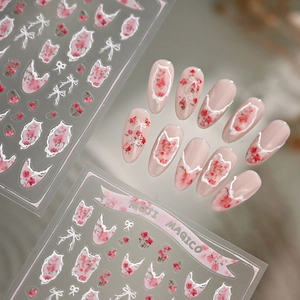 Nail Art Stickers French Retro Red Floral Rose White Bows 3D Self Adhesive Manicure Decals For DIY Decoration