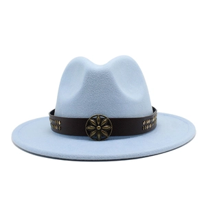 Detailed view of light blue fedora hat featuring a brown leather band and metal floral stud