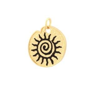Detailed view of round gold pendant featuring a black spiral sun ray engraved design