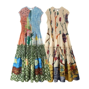 Women Sleeveless Smocked Dress Vintage Floral Landscape Print Tiered A-Line Midi Dress Summer Bohemian Casual Polyester Beach Sun Dress