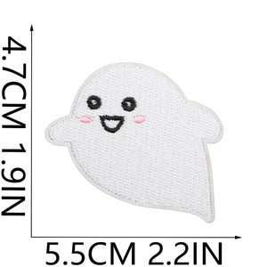 Detail of cute white ghost Halloween embroidery patch with precise size measurements