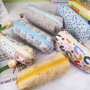 Quilted Cotton Pencil Case Makeup Brush Bag Stationery Storage Pouch Floral Plaid Pattern Korean Ins Style For Students