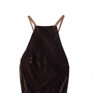 Elegant bronze velvet midi dress with thin straps shown in flat lay on white background