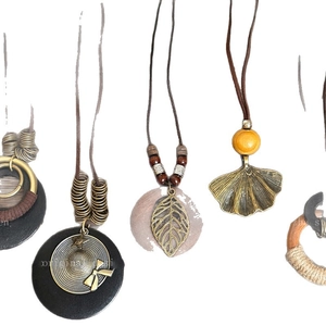 Bohemian hollow round wood bead pendant necklaces in vintage bronze alloy and leather cord