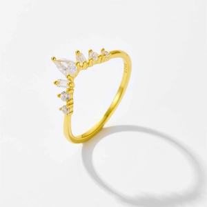 S925 sterling silver crown ring with white zircon stones and 18k gold plating