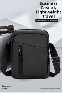 Dettaglio borsa a tracolla business in tessuto oxford nero con spalla regolabile e zip