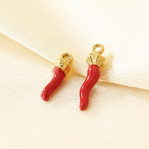 Polished red enamel chili pepper pendants with golden loops for DIY necklace jewelry