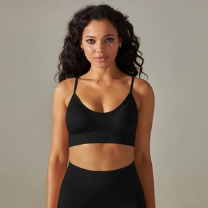 Detail of black seamless knit sports bra and high-waisted leggings with ribbed texture